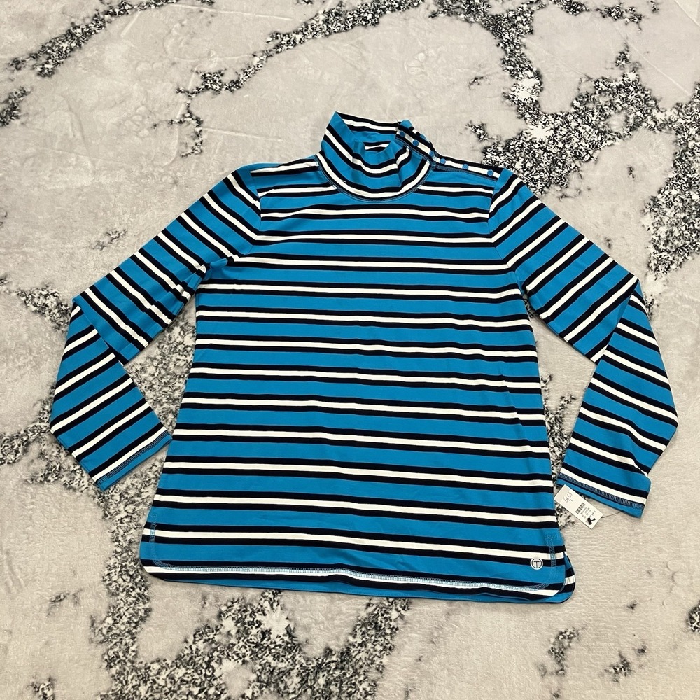 T by Talbots Striped Turtleneck Top Womens Size L Blue Black White‎ NWT